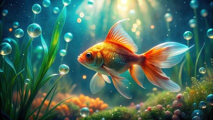 Fototapeta premium A Vibrant Aquatic Scene Featuring an Ornate Goldfish Swimming Gracefully Amidst Lush Underwater Flora and Shimmering Bubbles