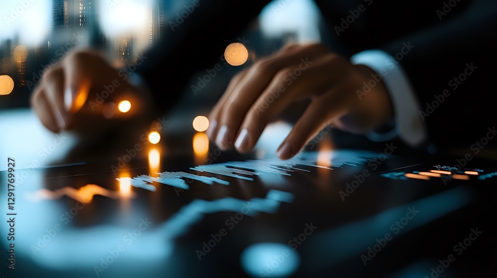 Poster male hands typing on illuminated keyboard in dark office with bokeh lights creating moody atmosphere
