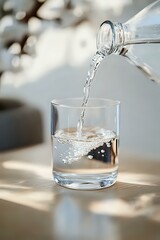Crystal clear water pouring from glass bottle into transparent tumbler with dynamic splash and natural sunlight creating soft shadows on light surface.