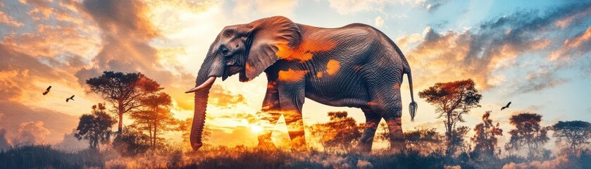 Fototapeta premium Elephant silhouette, African savannah with acacia trees inside, double exposure, warm sunset