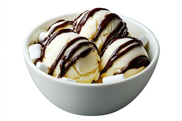 Delicious scoops of vanilla ice cream with chocolate syrup and marshmallows.