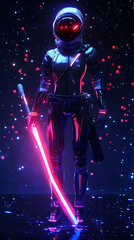 character with space fighter suit and laser sword on cosmic background