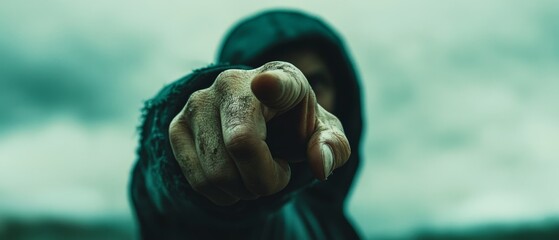 A pointed hand reaching towards the viewer from a murky background, conveying intensity and a direct, confrontational energy.