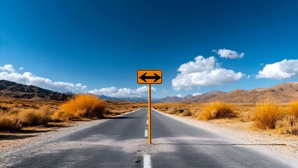 A road splits in two directions, with a yellow sign indicating left and right choices, surrounded by a desert landscape. Concept Desert Roadsplit, Directional Signage, Adventure Choices
