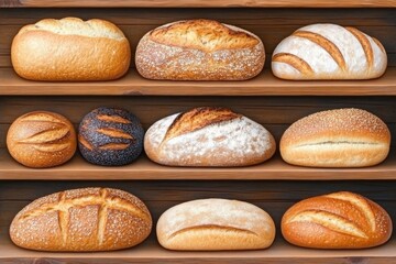 A photorealistic image of shelves filled with various types and shapes of breads, all fresh from the oven, showcasing their unique textures and colors. The background is neutral to highlight