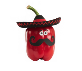 Happy red chilli peppers with black moustaches and sombrero isolated on transparent background. Playful decorations in for Cinco de Mayo celebration. May 5, federal holiday in Mexico