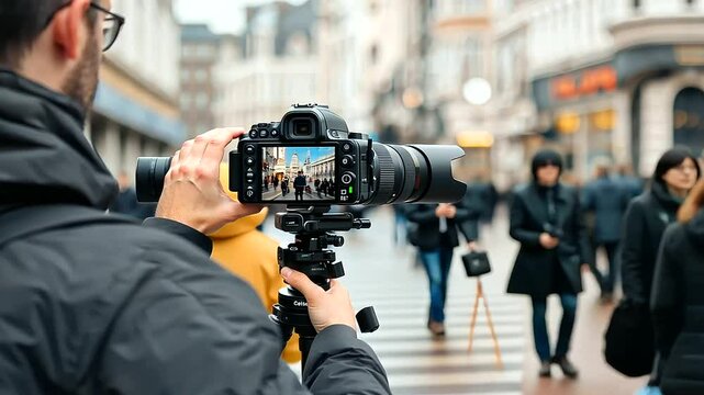 Content creator capturing vlog footage on a busy street
