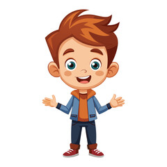 a flat illustration of a boy with a happy facial expression wearing a blue jacket and brown hair