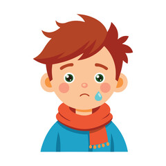 a flat illustration of a boy has the flu, crying eyes, a brown scarf