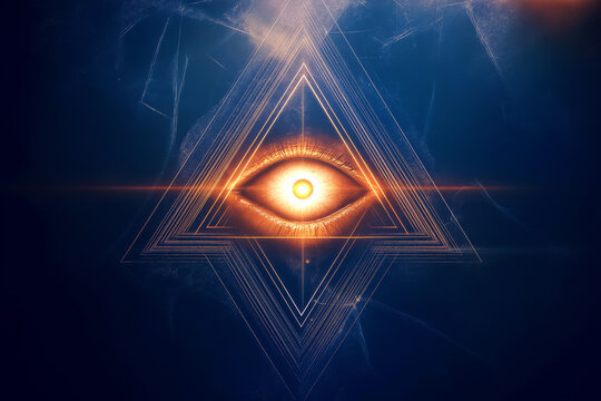 Geometric tattoo of a sacred triangle with a glowing third eye in the center, minimal lines and soft shading.