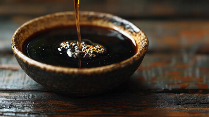  stream of soy sauce pours smoothly into a small dish, highlighting its glossy texture and deep color Symbolizing sophistication culinary artistry and the balance of flavors in cuisine