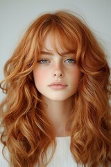 Naklejka premium Young blue eyes and wavy ginger hair wearing white top against light background. For beauty, fashion and lifestyle content.