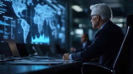 Senior executive analyzing global data on futuristic digital dashboard