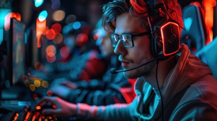 Obraz premium Focused Male Gamer Engaged in Competitive Esports Tournament with Headset and Illuminated Setup