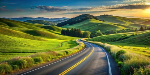 Asphalt ribbon unwinding through vibrant green hills bathed in the golden light of a tranquil sunset, a picturesque countryside road journey