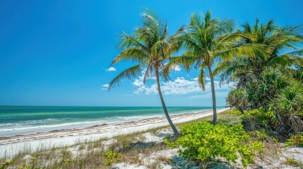 Obraz premium A tropical beach with palm trees swaying under a bright blue sky