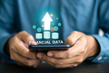 Managing finances on smartphone, showing financial data growth with charts and currency symbols. This captures essence of modern financial management