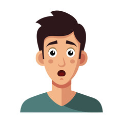 a flat illustration of a shocked face, black hair, open eyes, a grey shirt