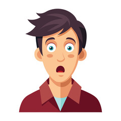 a flat illustration of a shocked face, open eyes, a maroon shirt