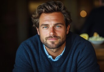 Obraz premium Close-Up Portrait of a Young Man with Wavy Hair and Blue Eyes in a Cozy Indoor Setting with Soft Lighting and Natural Expression