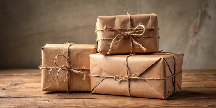 Rustic Brown Paper Packages Tied with Twine Resting on a Wooden Surface