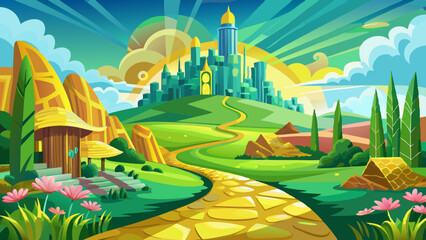 Springtime in Oz: Emerald City and Yellow Brick Road Amidst Blooming Fantasy Landscape © ehsanollah