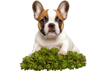 Playful French bulldog puppy with greenery, cut out