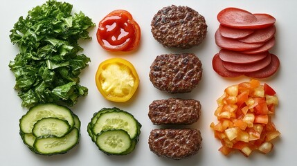 Colorful burger ingredients arranged on white surface, salad, and condiments