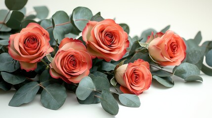 Elegant roses arrangement on eucalyptus leaves floral display soft light serenity and beauty