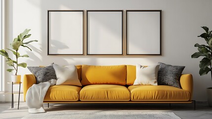 Beautiful Modern Living room Interior with furniture's ,mockup frame , posters, wall -3d Rendering