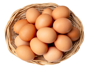 Top view of large group of chicken eggs or hen eggs in stack in wicker basket isolated on white background with clipping path