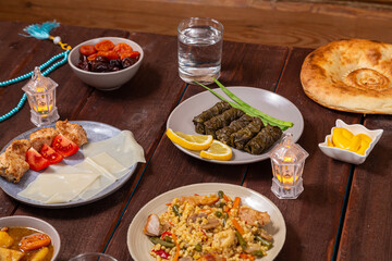 Set table Ramadan iftar Eid al fitr dolma, khinkad, bulgur