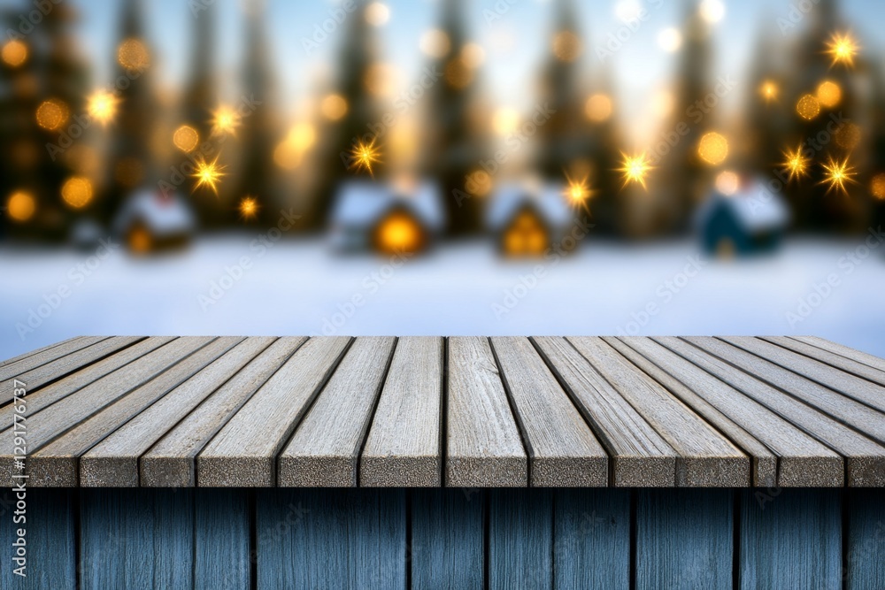 Poster A wooden table with small Christmas houses and trees in the background, a snowy forest of pine trees illuminated by golden lights. The scene is set against an abstract background with falling