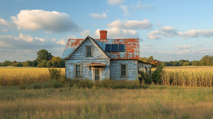 Obraz premium Futuristic Camouflaged Farmhouse with Reflective Exterior and Vintage Tractor Art 