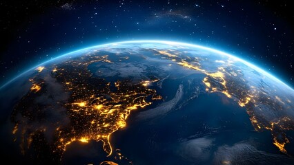 Fototapeta premium A breathtaking view of Earth from space, showcasing city lights, oceans, and a starry backdrop. Concept Earth from Space, City Lights at Night, Oceanic Beauty, Starry Backdrop, Cosmic Perspective