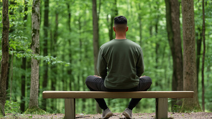 Fototapeta premium Person meditating peacefully on a bench in a serene forest