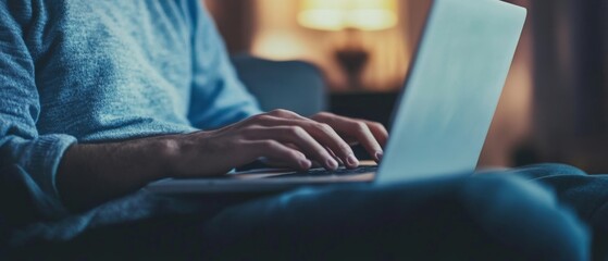 Hands typing swiftly on a laptop in a cozy room, radiating productivity and focus amidst warm ambient lighting.