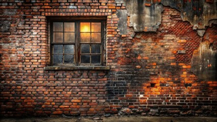 A weathered brick wall with a single window, illuminated by the warm glow of a setting sun, showcasing the textures of age and decay