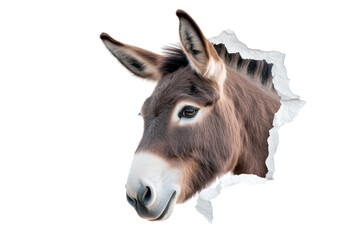 Obraz premium Portrait of a donkey peeking through wall, cut out