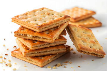 Stack of golden brown crackers on a white surface