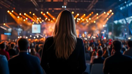 Naklejka premium A person with long hair facing a stage with bright lights and an audience at a live event or concert. Concept Live Concert Experience, Long Hair in the Spotlight, Engaging Audience
