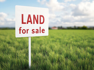 A sign in a green field reads "LAND for sale". The sky is blue with soft clouds. This represents a real estate opportunity in a natural setting.