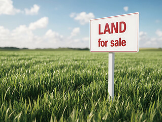 Fototapeta premium Open Field Available: Sign in a field of tall green grass under a blue sky advertises land for sale. Serene landscape opportunity.