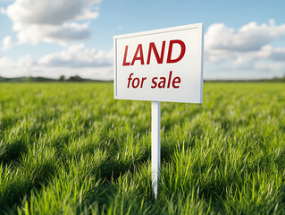 A sign reading "Land for sale" stands in a lush green field under a bright sky with puffy clouds, suggesting real estate opportunities in a serene rural location.
