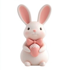 Obraz premium A cute, cartoon-style bunny holding a pink Easter egg, featuring large ears, a small nose, and a pink bow tie, perfect for festive decorations.