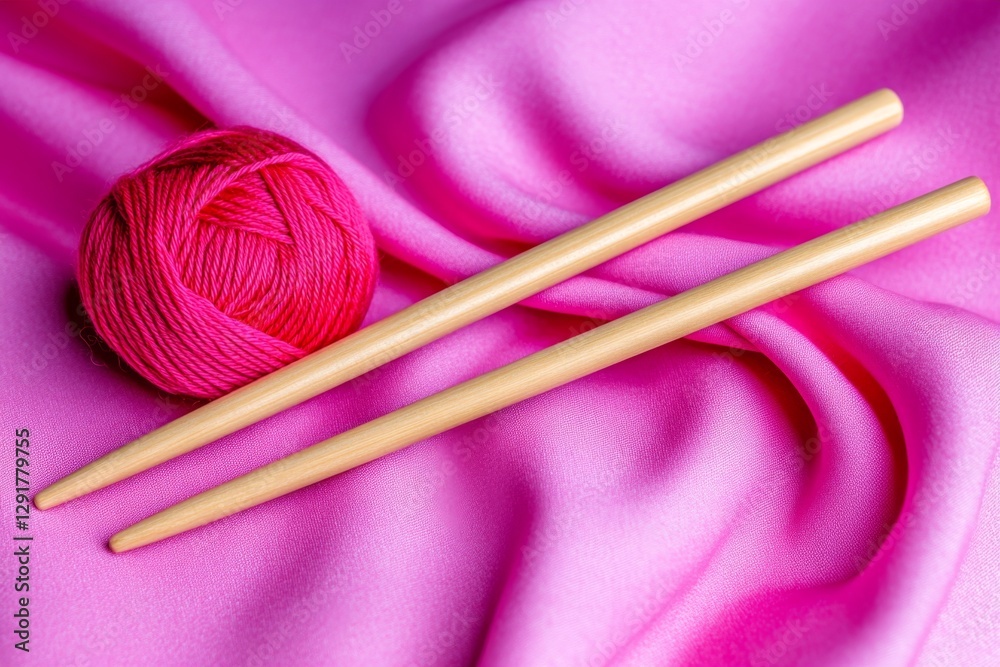 Poster close-up of two wooden weaving or knitting needles with pink and red threads on the background of li