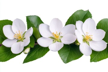 Close-up of white flowers and leaves on an apple tree branch, isolated on a clear white background. High-resolution photo, with copy space for text. Stock photography