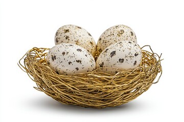 Obraz premium A nest made of straw contains four speckled eggs, showcasing a natural and serene setting.