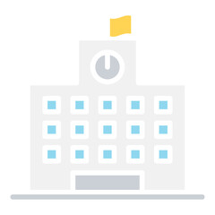 School building icon in flat color style