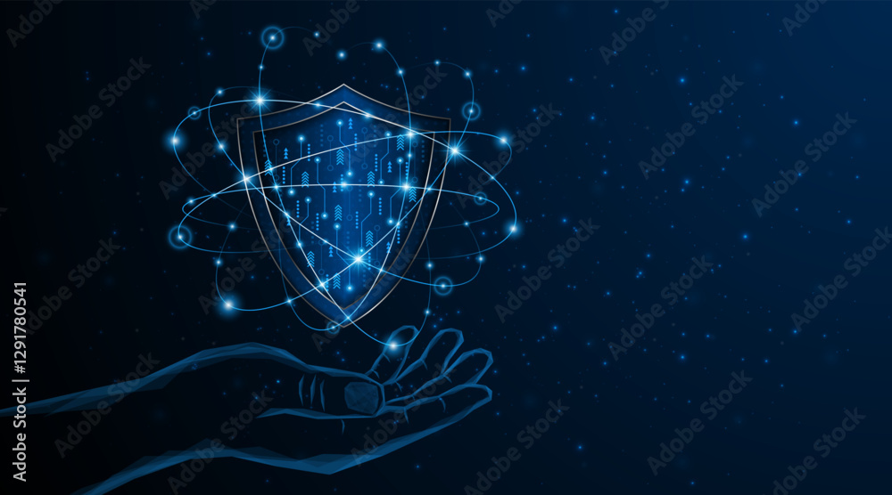 Aufkleber Abstract hand holding shield symbol of data protection and cyber privacy. Network security system. Advanced security technology innovation concept background
